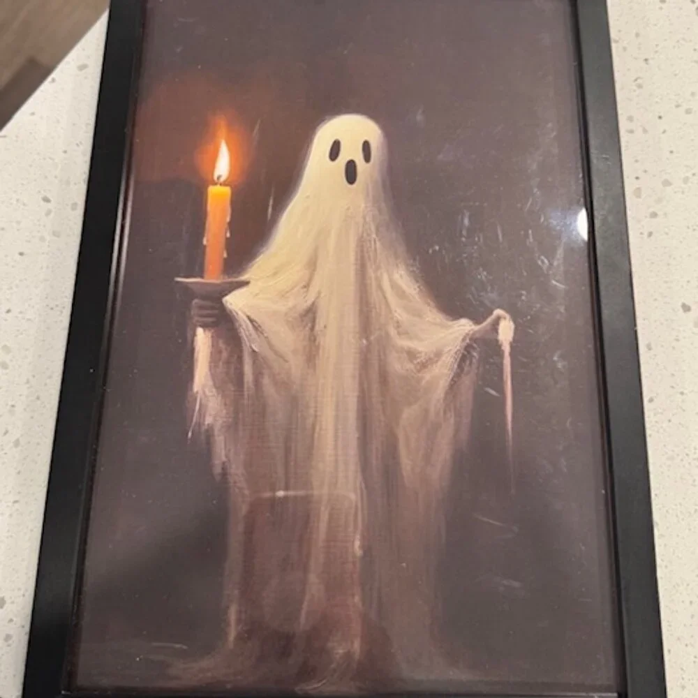 Vintage-Inspired Ghost With Candle Framed Wall Art 8"x12" Black Frame Halloween - Picture 1 of 3